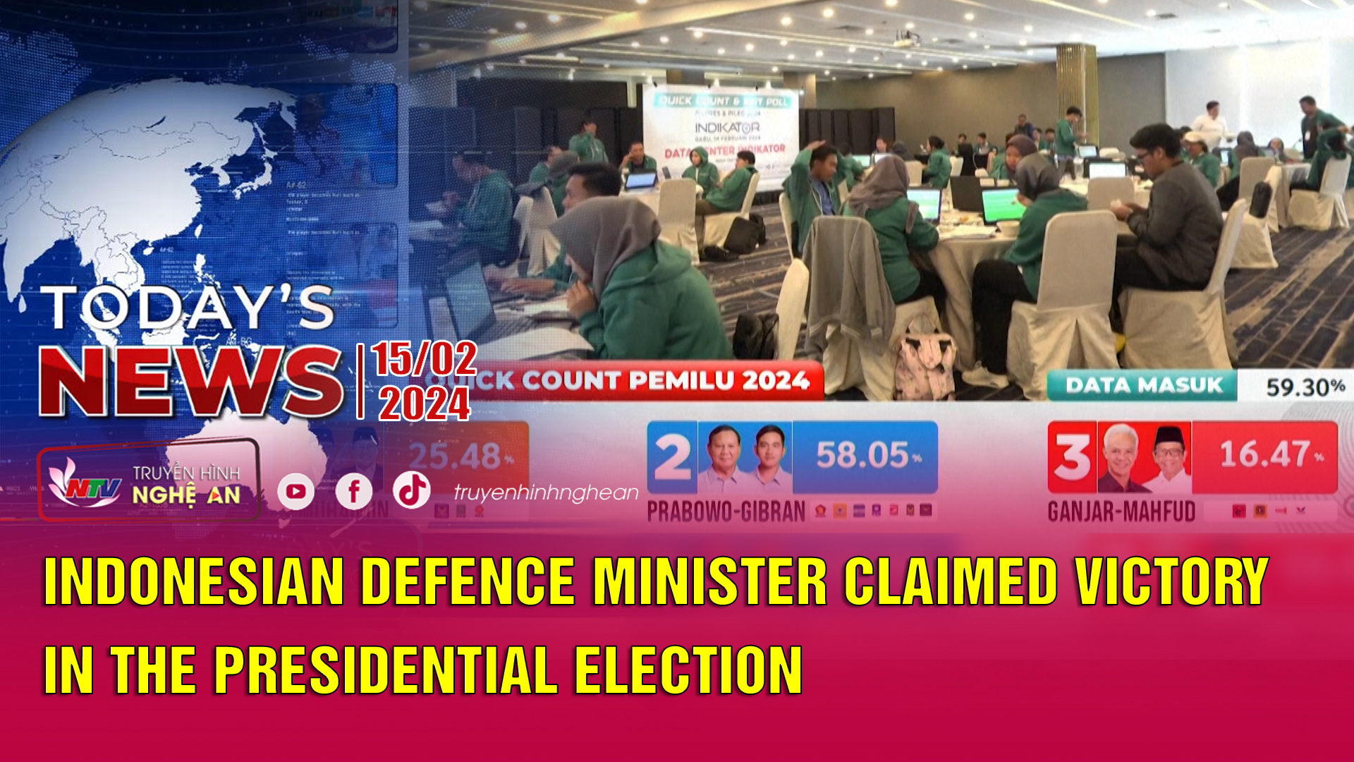 Today's News 15/2/2024: Indonesian Defence Minister claimed victory in the presidential election