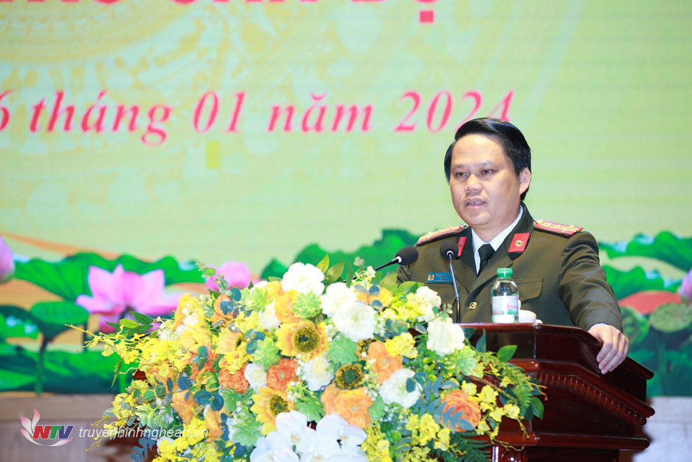 Đại tá Bùi Quang Thanh, Giám đốc Công an tỉnh phát biểu tại buổi Lễ công bố