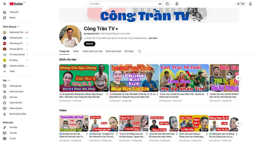 Công Trần TV có hơn 539.000 người đăng ký trên YouTube.