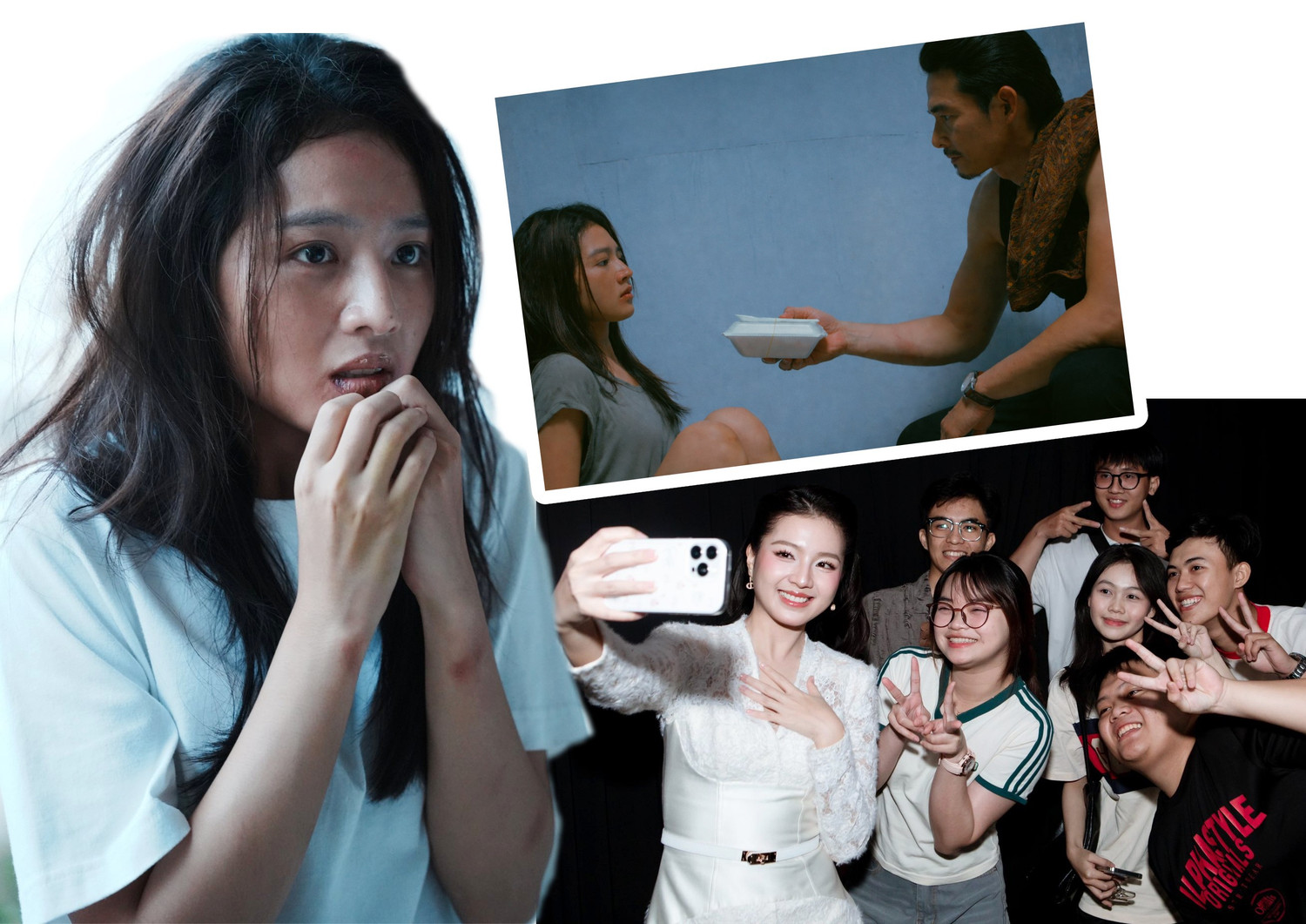 Phim “Thiên đường máu” cảnh báo nạn lừa đảo và những ai bị dụ dỗ “việc nhẹ lương cao”. Diễn viên Bích Ngọc trong vai Tâm (ảnh trái) và khi cô giao lưu cùng khán giả tại rạp chiếu (phải)