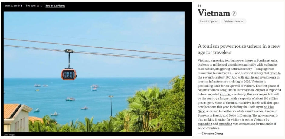 Cáp treo Hòn Thơm xuất hiện trong phần giới thiệu về Việt Nam của tờ New York Times. Ảnh chụp màn hình