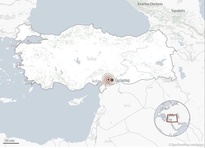 Vị trí tâm chấn nằm ở gần biên giới Thổ Nhĩ Kỳ - Syria. Đồ họa: AP