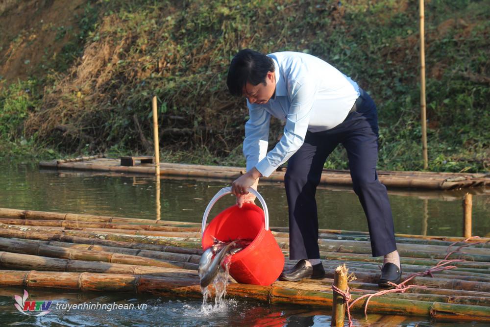 Phó Chủ tịch Thường trực UBND tỉnh Lê Hồng Vinh tiến hành thả cá giống xuống sông Lam.