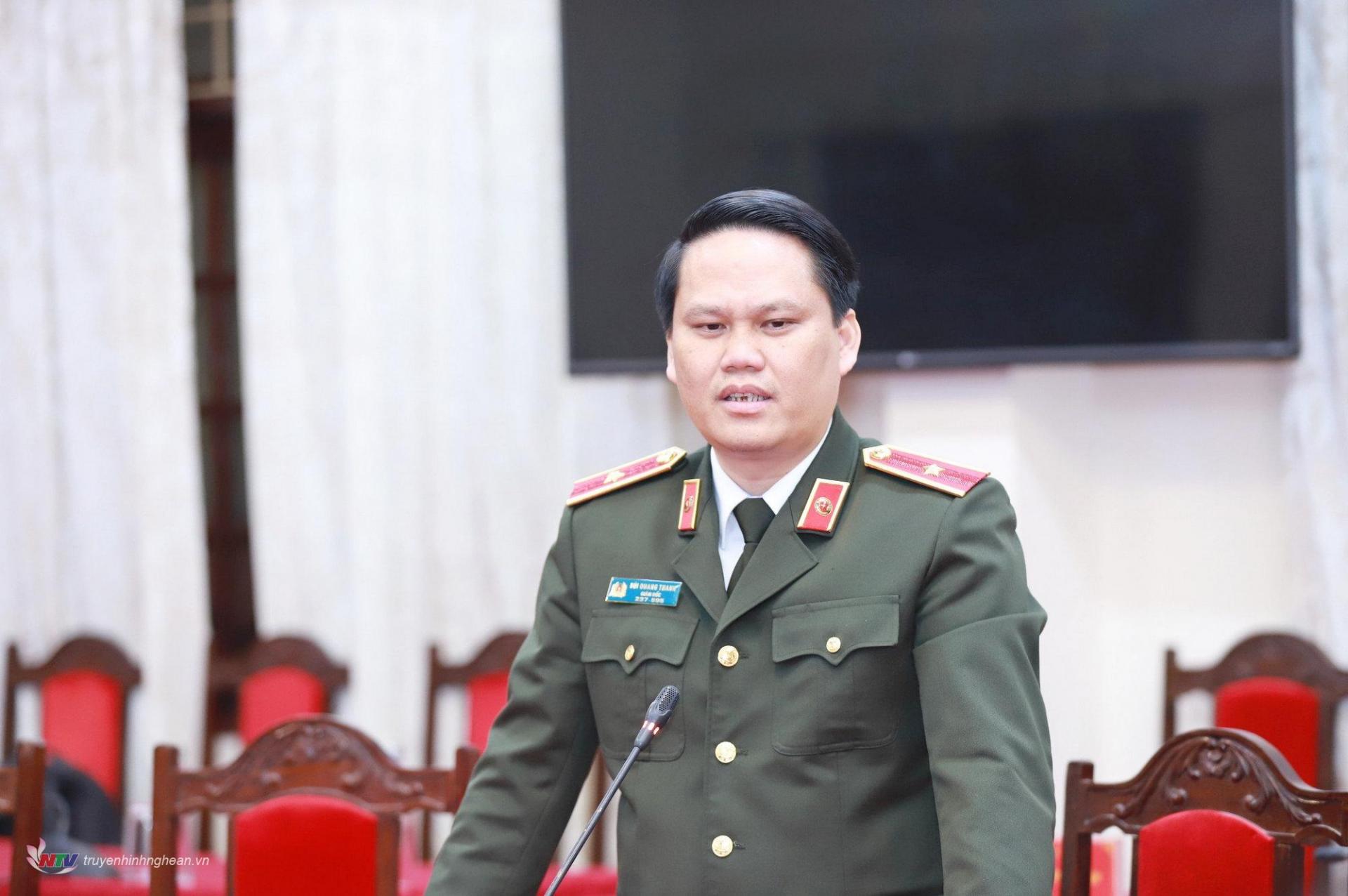 Thiếu tướng Bùi Quang Thanh - Ủy viên Ban Thường vụ Tỉnh ủy, Giám đốc Công an tỉnh Nghệ An phát biểu.