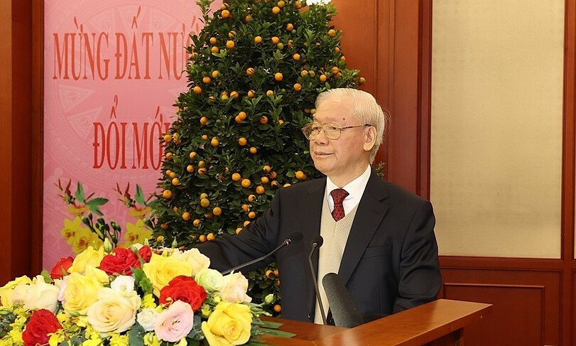 Tổng bí thư Nguyễn Phú Trọng phát biểu tại buổi chúc Tết lãnh đạo, nguyên lãnh đạo Đảng, Nhà nước, sáng 7/2. Ảnh: TTXVN
