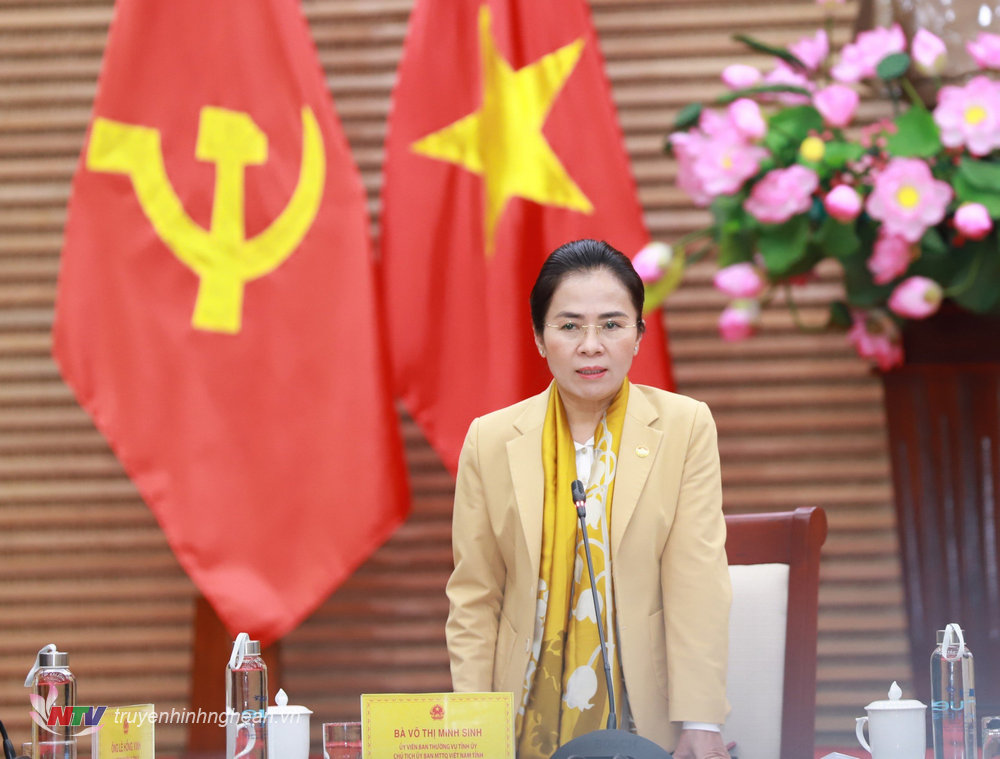 Đồng chí Võ Thị Minh Sinh, Uỷ viên BTV Tỉnh uỷ, Chủ tịch Uỷ ban MTTQ tỉnh phát biểu tại hội nghị.