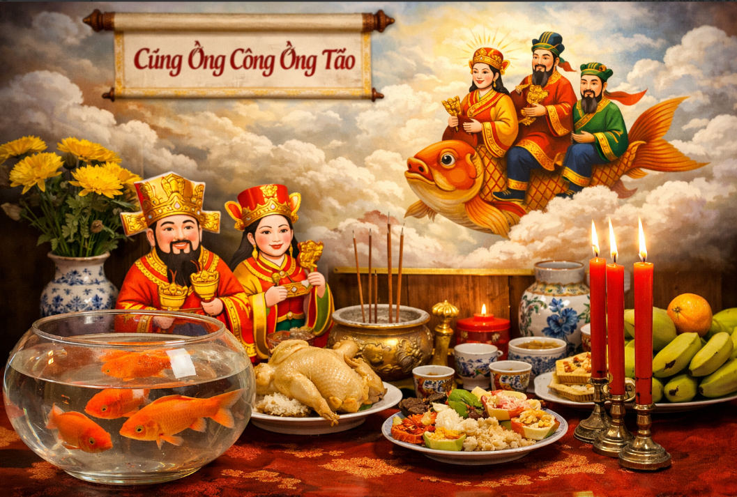 Câu hỏi “cúng ông Công ông Táo mấy con cá chép là đúng?” đến nay vẫn khiến không ít người băn khoăn. Ảnh minh họa - AI.