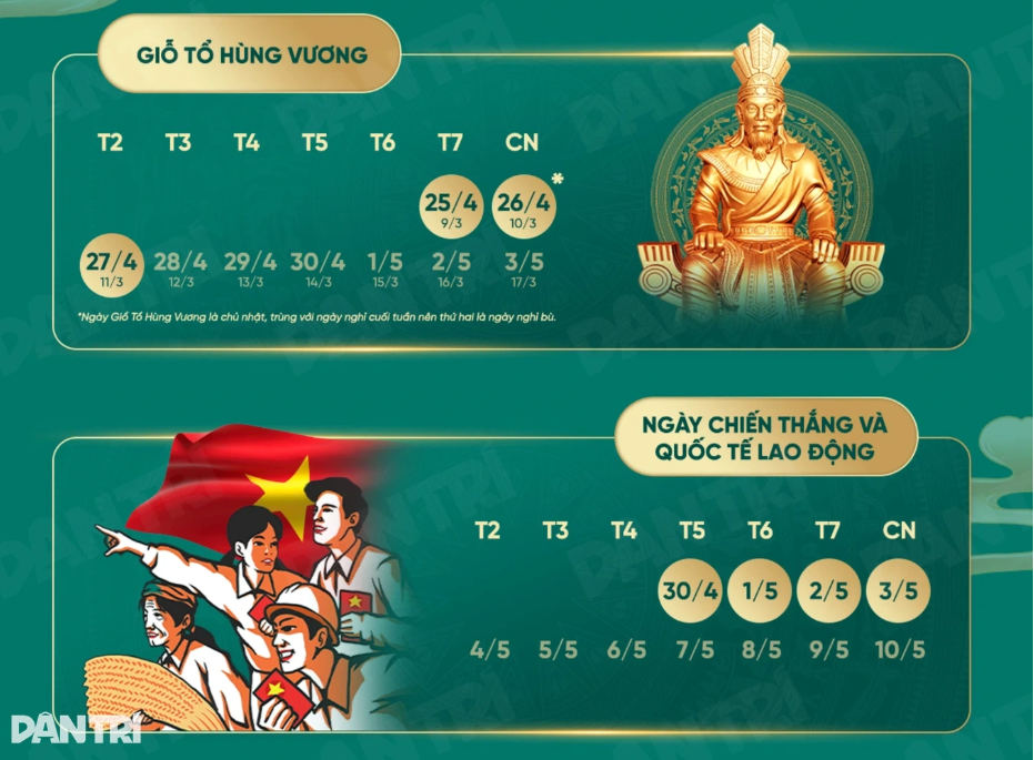 Chi tiết lịch nghỉ lễ Giỗ Tổ Hùng Vương, ngày Quốc tế lao động (Thiết kế: Khương Quỳnh).