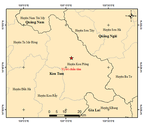 Vị trí xảy ra trận động đất sáng nay tại Kon Tum.