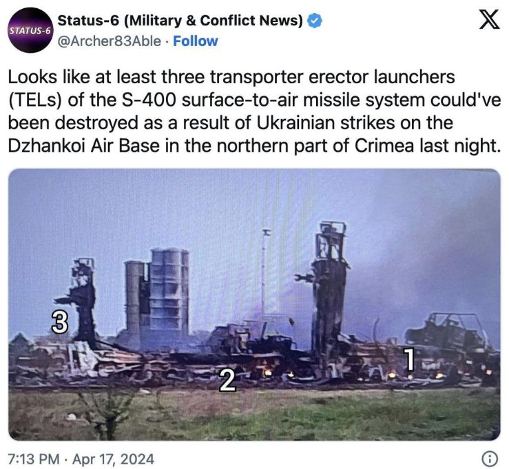 Tài khoản mạng xã hội X Status-6 tối 17/4/2024 cho biết ba bệ phóng thẳng đứng thuộc hệ thống tên lửa phòng không S-400 đã bị phá hủy trong vụ tấn công sân bay Dzhankoi ở Crimea. Ảnh chụp màn hình tài khoản mạng xã hội X Status-6