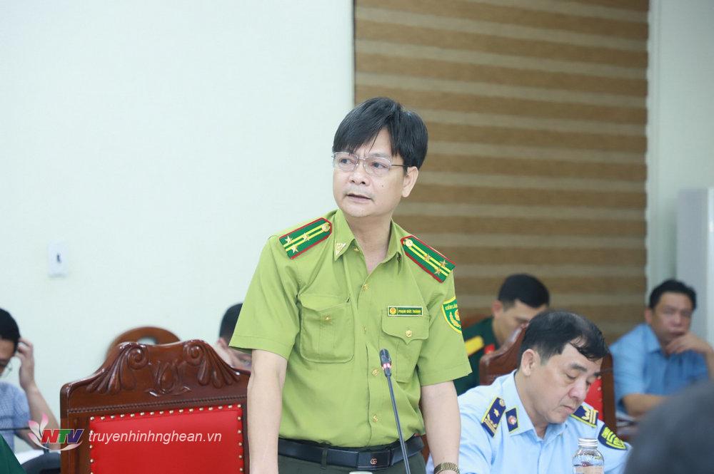 Đồng chí Phạm Đức Thành - Phó Chi cục trưởng Chi cục Kiểm lâm Nghệ An phát biểu tại hội nghị.