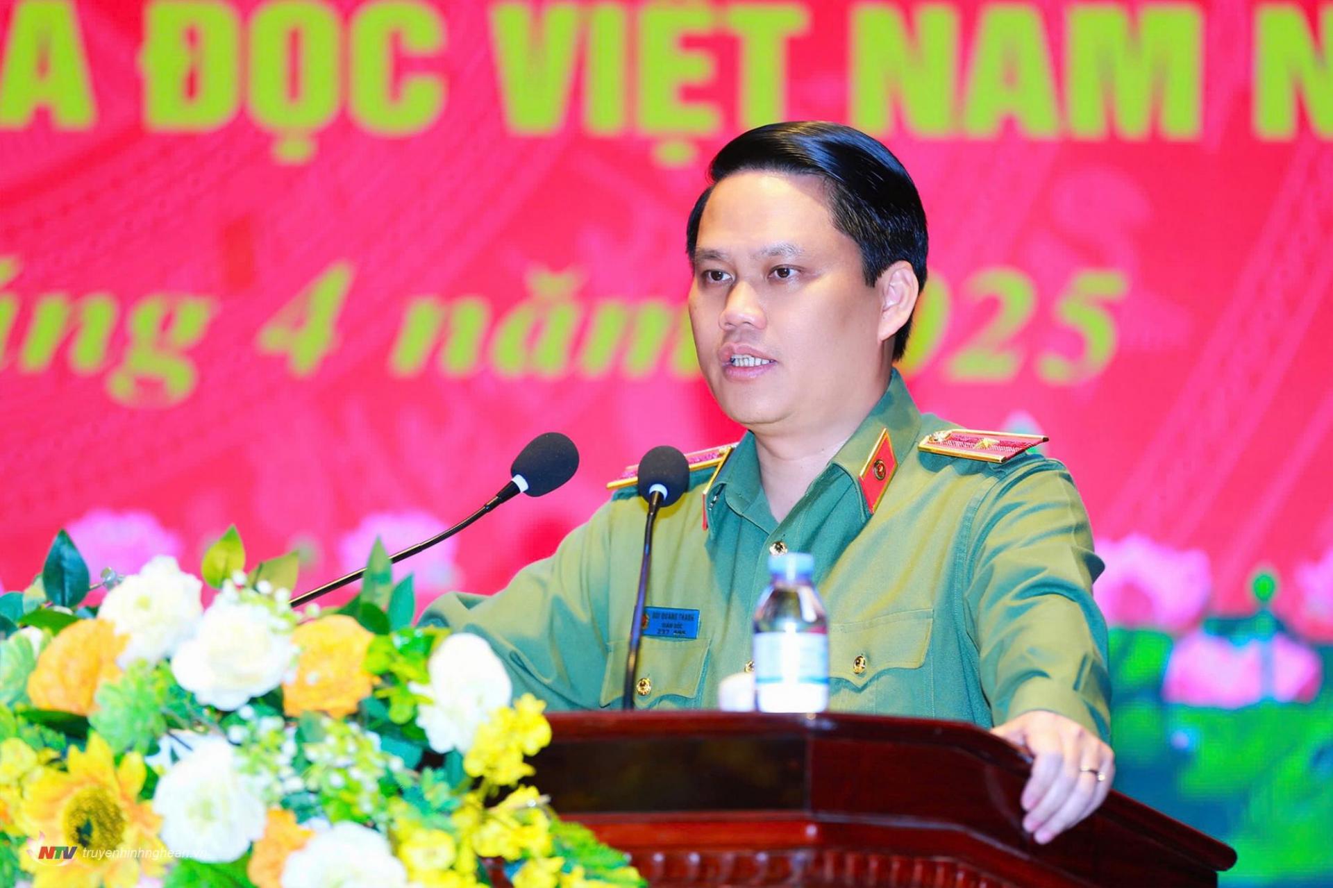 Thiếu tướng Bùi Quang Thanh, Ủy viên Ban Thường vụ Tỉnh ủy, Bí thư Đảng ủy, Giám đốc Công an tỉnh phát biểu chỉ đạo.