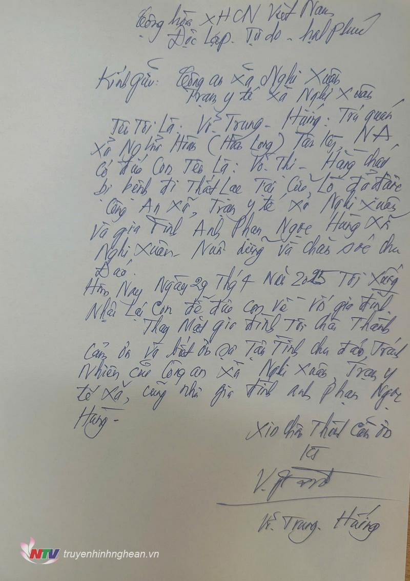 Người dân viết thư cảm ơn Công an xã giúp tìm người thân bị lạc.