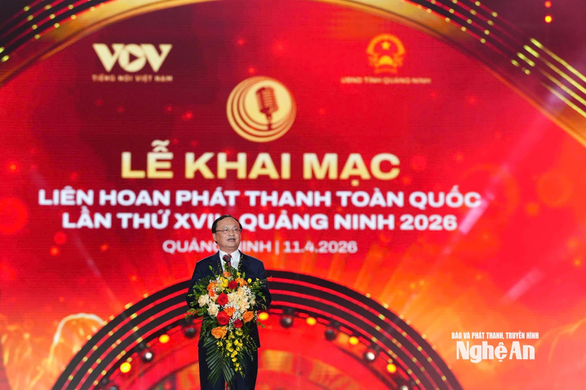 Đồng chí Đỗ Tiến Sỹ, Ủy viên Trung ương Đảng, Phó trưởng Ban Tuyên giáo và Dân vận Trung ương, Tổng Giám đốc Đài Tiếng nói Việt Nam phát biểu tại lễ khai mạc. Ảnh: P.V