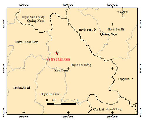 Vị trí tâm chấn trận động đất 3.7 độ ở Kon Tum trưa nay.