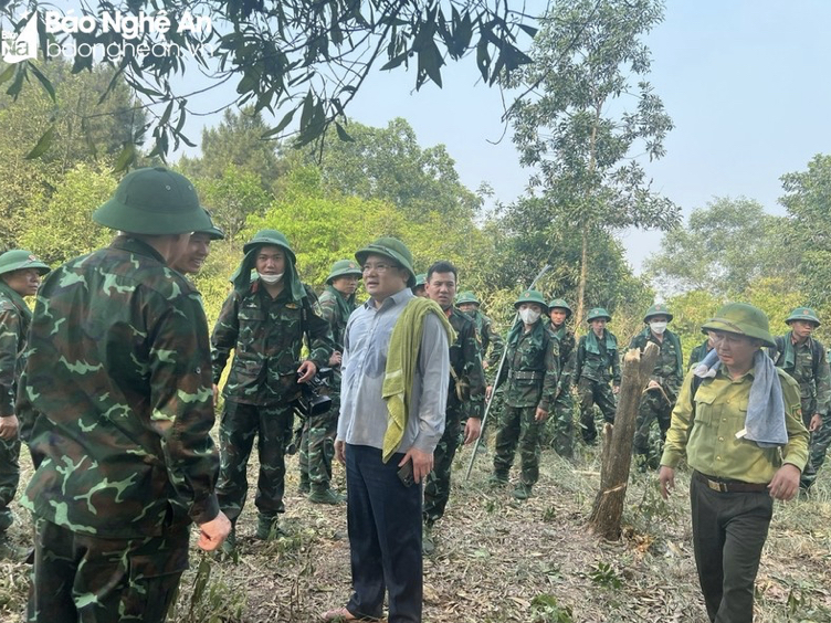 Đồng chí Phùng Thành Vinh - Giám đốc Sở Nông nghiệp và Phát triển nông thôn chỉ đạo tại hiện trường chữa cháy rừng ở Nam Đàn. Ảnh: PV