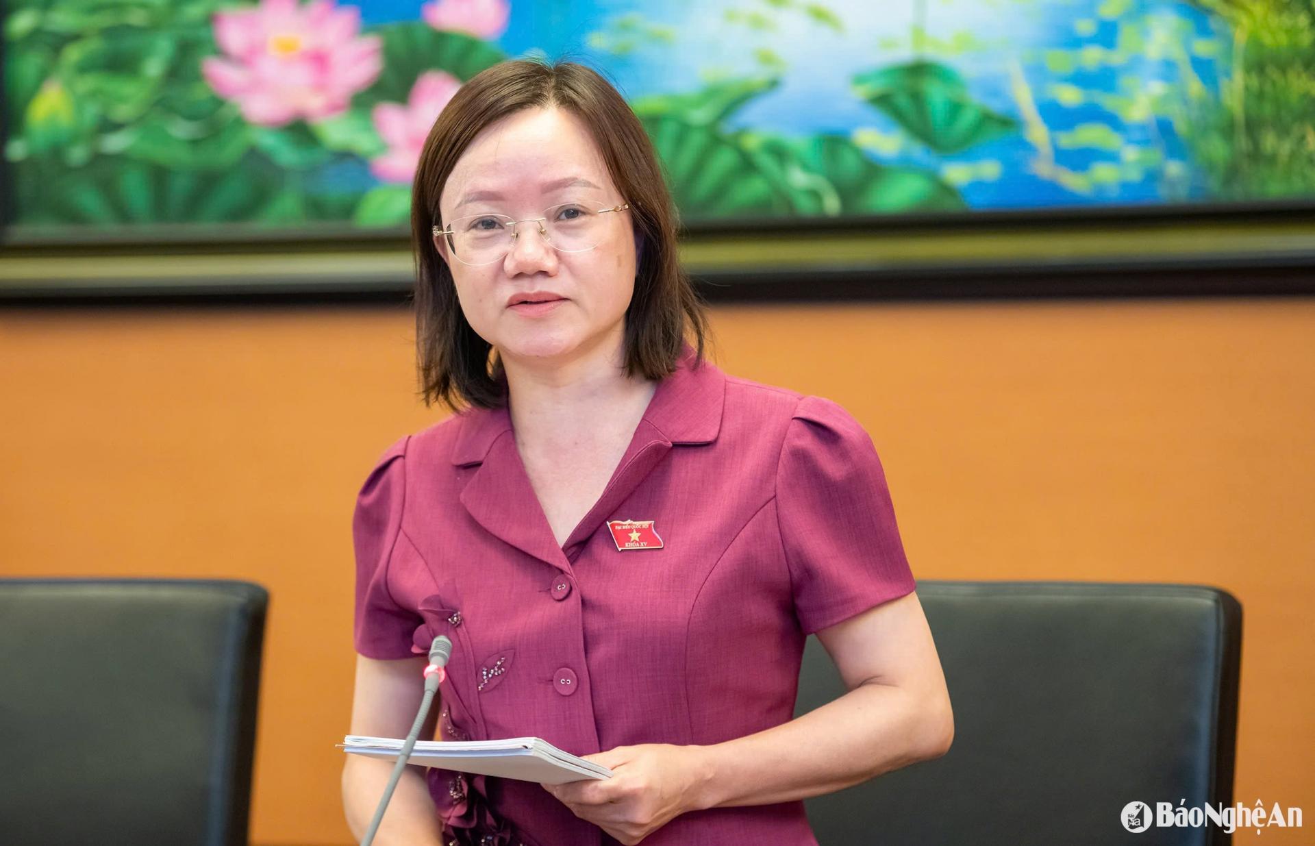 Đồng chí Thái Thị An Chung - Ủy viên BCH Đảng bộ tỉnh, Phó trưởng Đoàn chuyên trách Đoàn ĐBQH tỉnh Nghệ An nêu ý kiến tại buổi thảo luận.