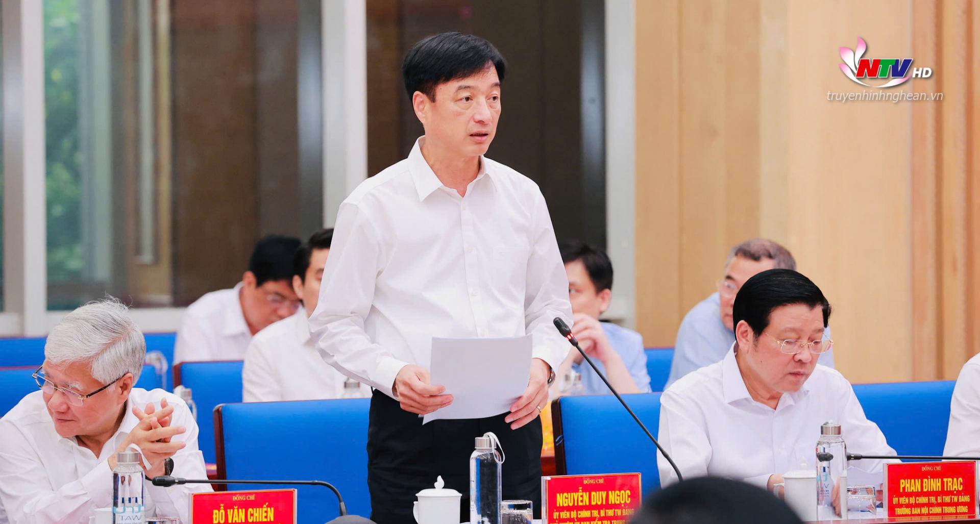 Đồng chí Nguyễn Duy Ngọc - Ủy viên Bộ Chính trị, Bí thư Trung ương Đảng, Chủ nhiệm Ủy ban Kiểm tra Trung ương phát biểu tại cuộc làm việc.