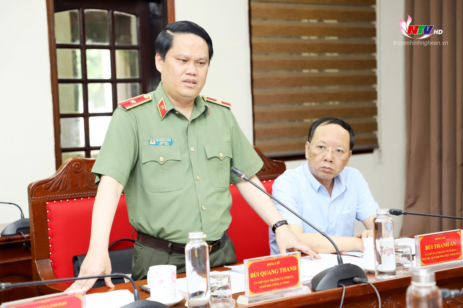 Thiếu tướng Bùi Quang Thanh - Uỷ viên BTV Tỉnh uỷ, Giám đốc Công an tỉnh phát biểu tại hội nghị.