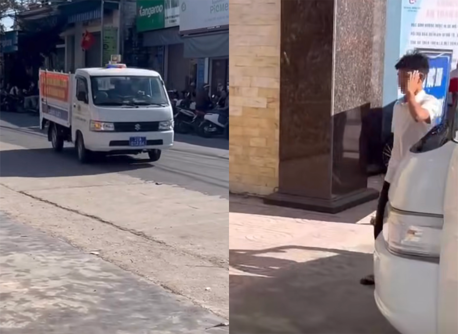 Nam sinh ngủ quên được lực lượng công an xã dùng xe chuyên dụng đưa tới điểm thi kịp thời. Ảnh cắt từ clip