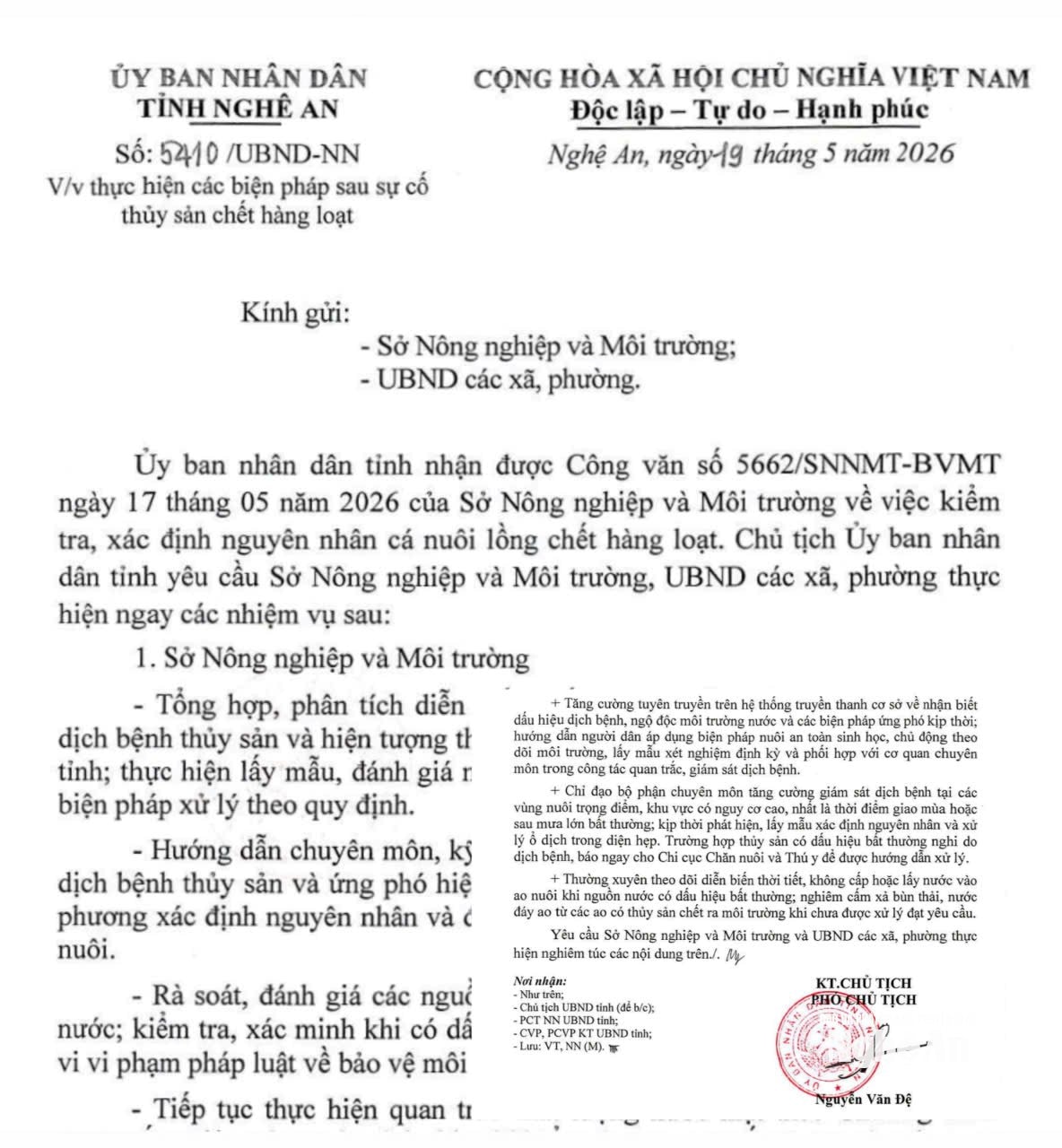 Công văn số 5410/UBND-NN ngày 19/5/2026 của UBND tỉnh. Ảnh: Nhật Lân
