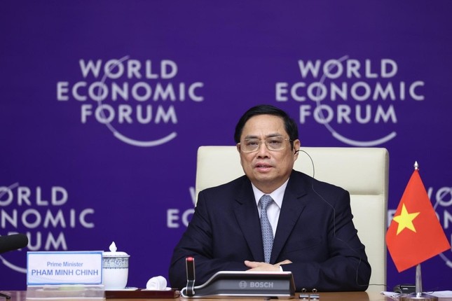 Thủ tướng Phạm Minh Chính đồng chủ trì Đối thoại Chiến lược quốc gia Việt Nam – WEF lần đầu tiên bằng hình thức trực tuyến năm 2021. Ảnh:chinhphu.vn