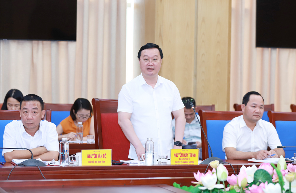 Đồng chí Nguyễn Đức Trung - Phó Bí thư Tỉnh ủy, Chủ tịch UBND tỉnh phát biểu tại cuộc làm việc. Ảnh: Báo Nghệ An