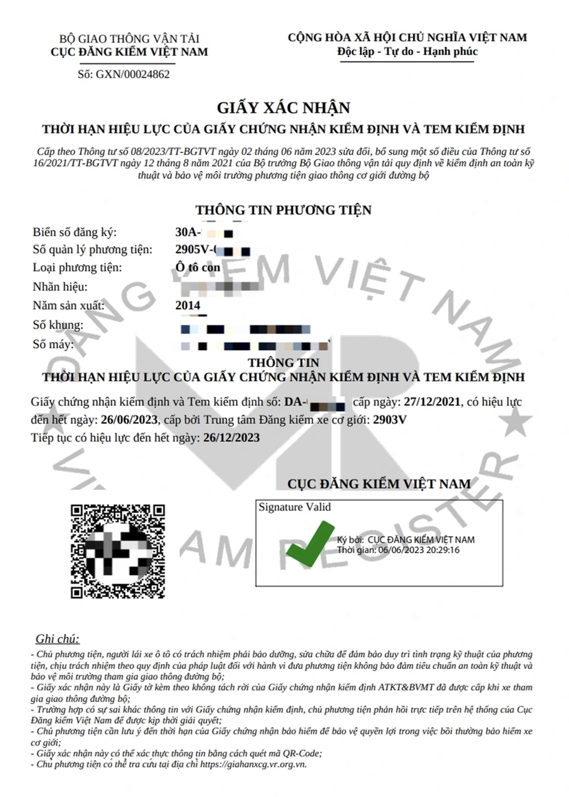 Giấy xác nhận thời hạn hiệu lực của giấy chứng nhận và tem kiểm định của một chiếc xe có hạn đăng kiểm trước đó là 26/6/2023 (Ảnh: Chụp màn hình).