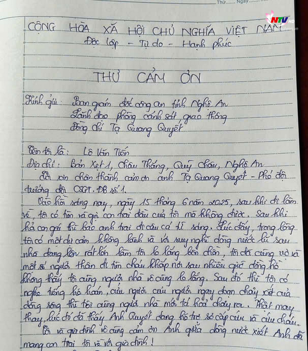 Gia đình cháu M. đã viết thư bày tỏ lòng biết ơn sâu sắc trước hành động dũng cảm của Thượng úy Tạ Quang Quyết.