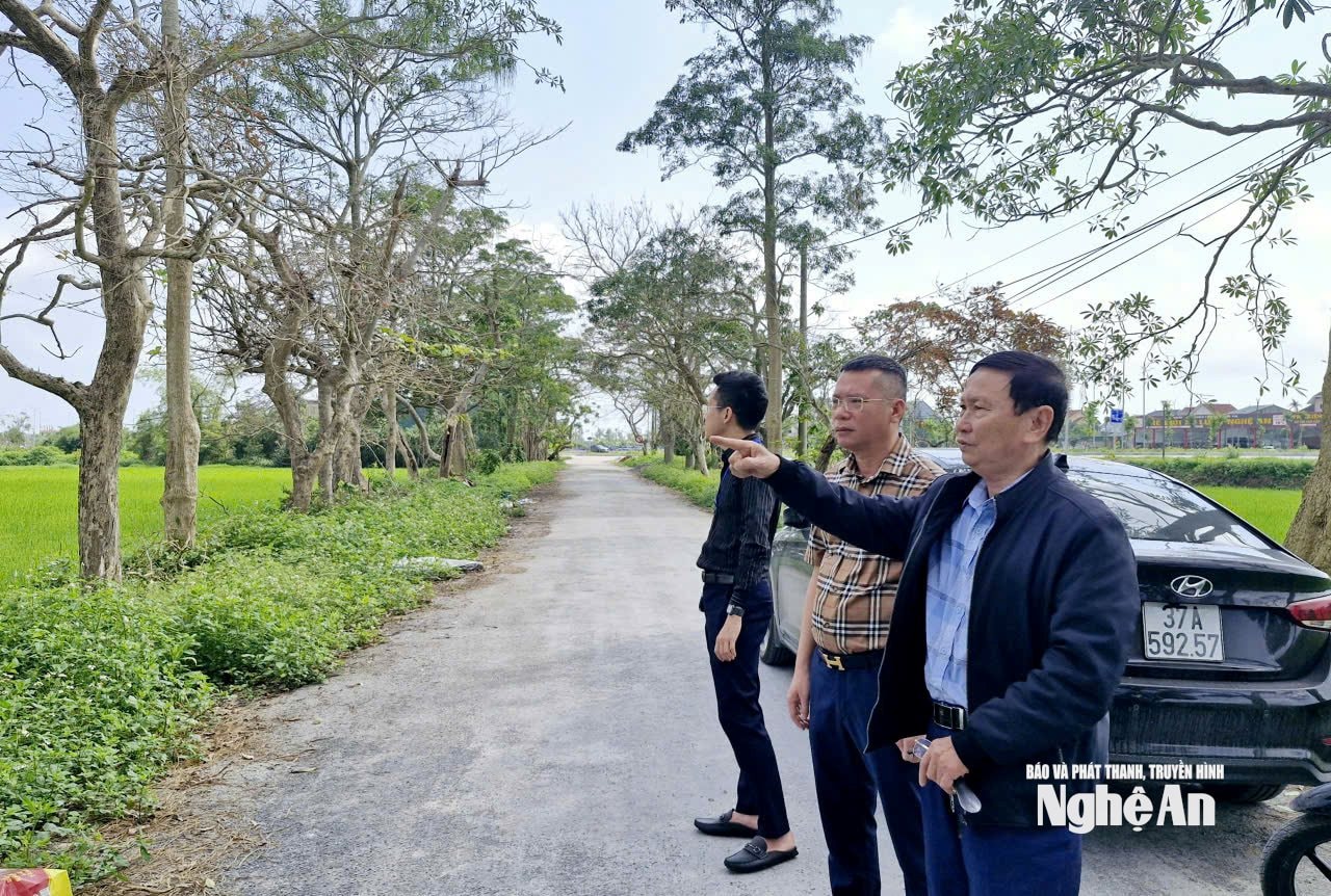 Chủ nhiệm HTX Hồng Hoa Thái, ông Phan Văn Hòa (người mang áo khoác) cùng các cán bộ UBND phường Vinh Phú trao đổi với PV Báo và phát thanh, truyền hình Nghệ An về thực trạng dự án và nguyện vọng của người dân. Ảnh: Nhật Lân