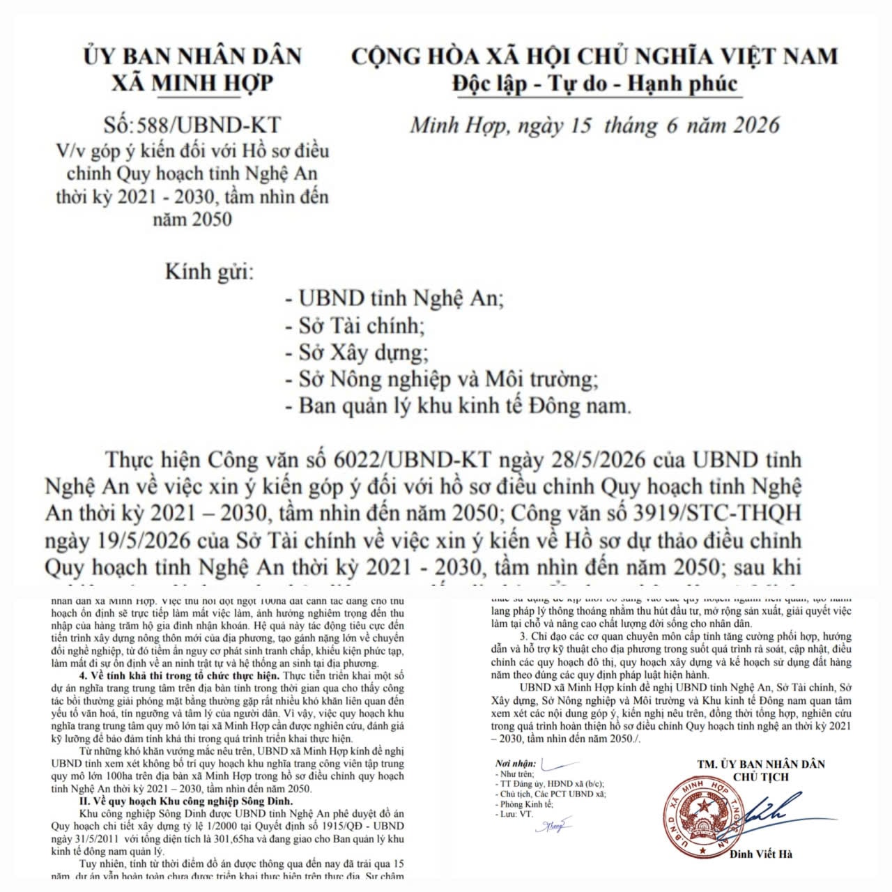 Văn bản số 588/UBND-KT ngày 15/6/2026 của UBND xã Minh Hợp. Ảnh: Nhật Lân