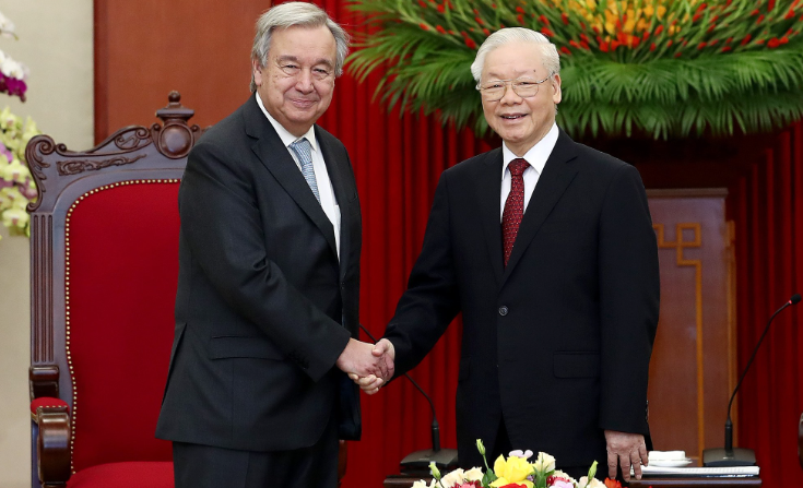 Tổng Bí thư Nguyễn Phú Trọng tiếp Tổng Thư ký Liên hợp quốc Antonio Guterres hồi tháng 10/2022 đúng dịp kỷ niệm 45 năm Việt Nam gia nhập Liên hợp quốc. Ảnh: Hải Nguyễn