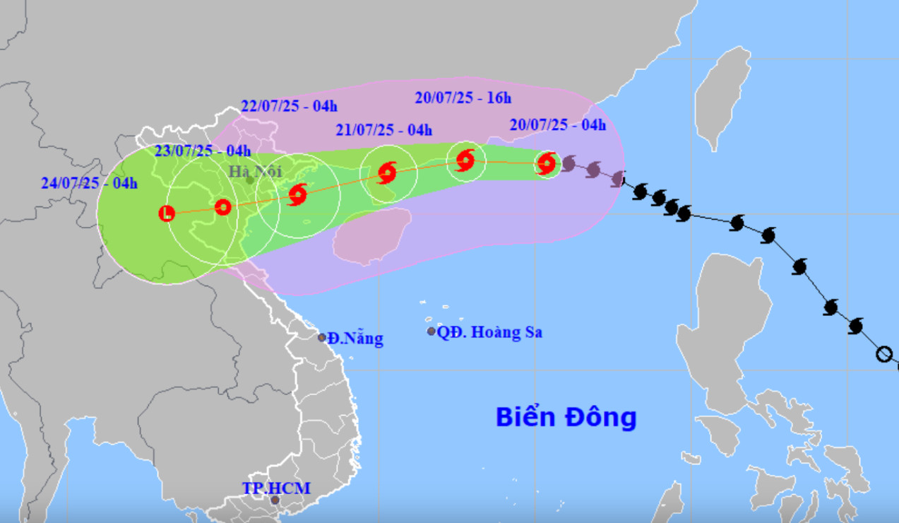 Dự báo vị trí và hướng di chuyển bão số 3 lúc 4h sáng 20-7 - Ảnh: NCHMF