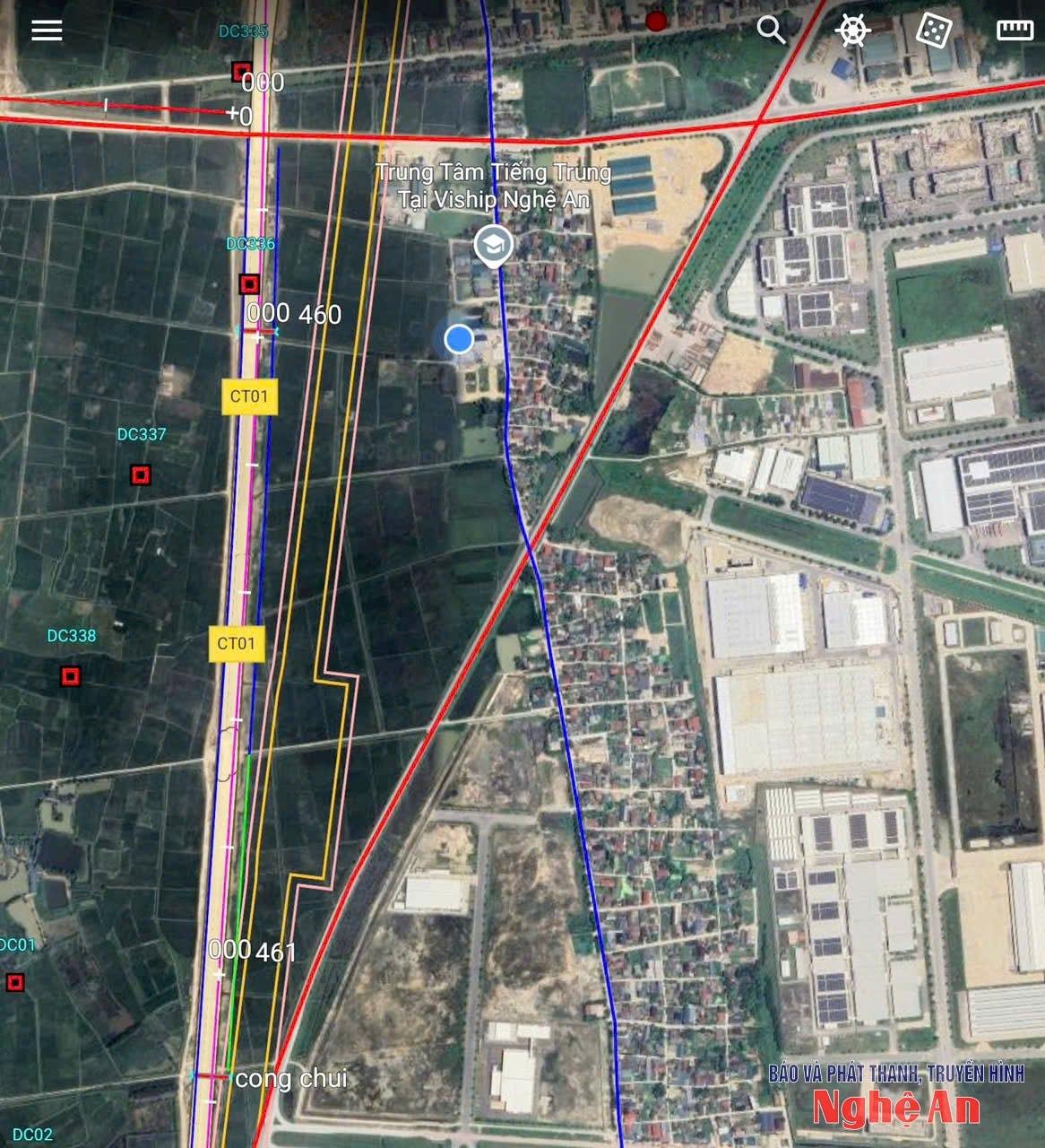 Tuyến màu vàng thể hiện là tuyến đường sắt tốc độ cao Bắc - Nam đoạn qua xã Hưng Nguyên. 