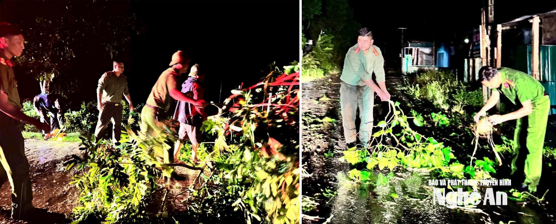 Các lực lượng đã dùng cưa tay để chia nhỏ các cây gãy đổ, sau đó vận chuyển, mở lại đường cho người dân đi lại an toàn. Ảnh: P.V