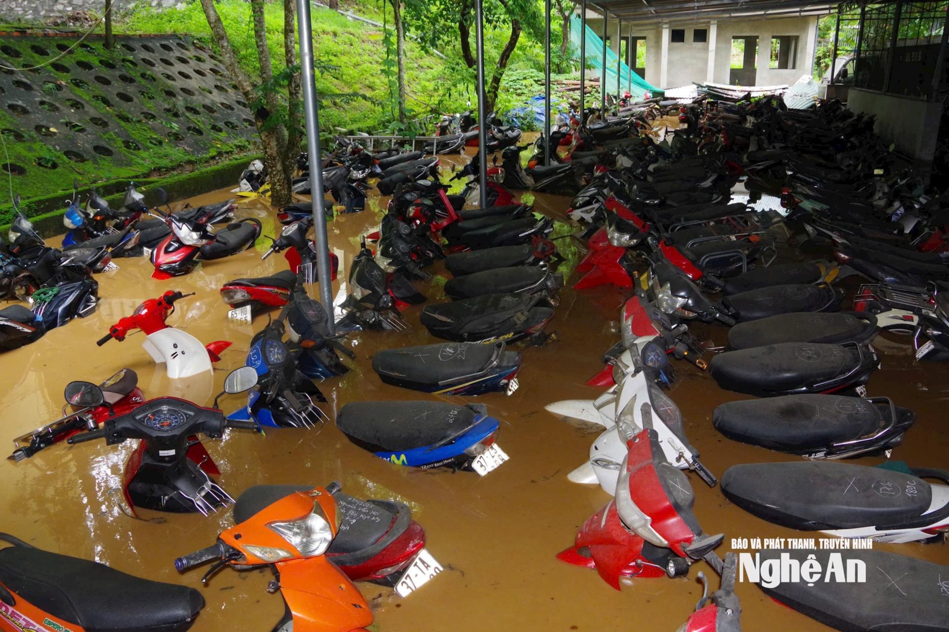 Nhiều xe máy của người dân xã Tương Dương ngập chìm trong nước. Ảnh: Trần Dũng