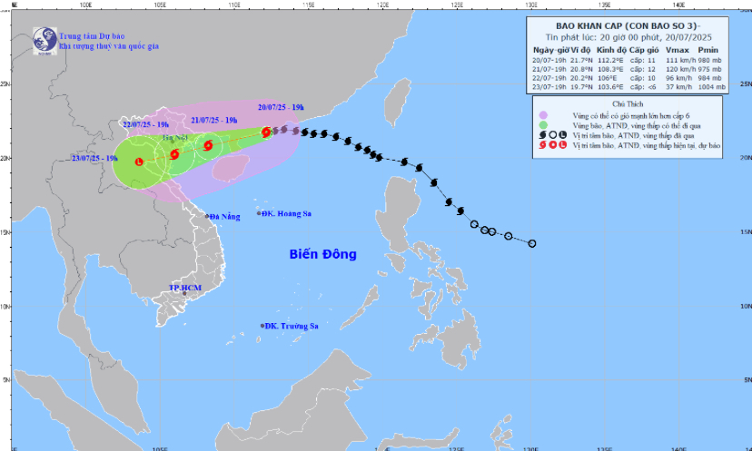 Dự báo bão số 3 sẽ ảnh hưởng đến Bắc Bộ và Bắc Trung Bộ từ chiều tối ngày 21/7, gây gió mạnh, mưa lớn - Ảnh: Trung tâm Dự báo Khí tượng thủy văn quốc gia.