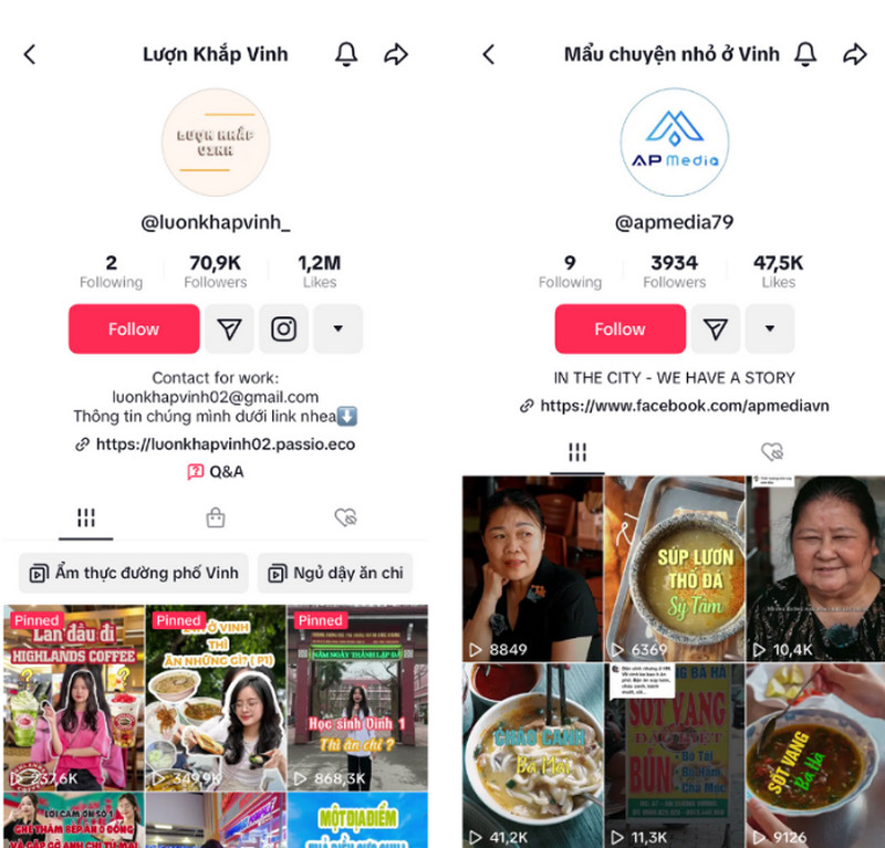 2 kênh Tiktok giới thiệu về ăn hoá, ẩm thực, cảnh đẹp của TP Vinh.