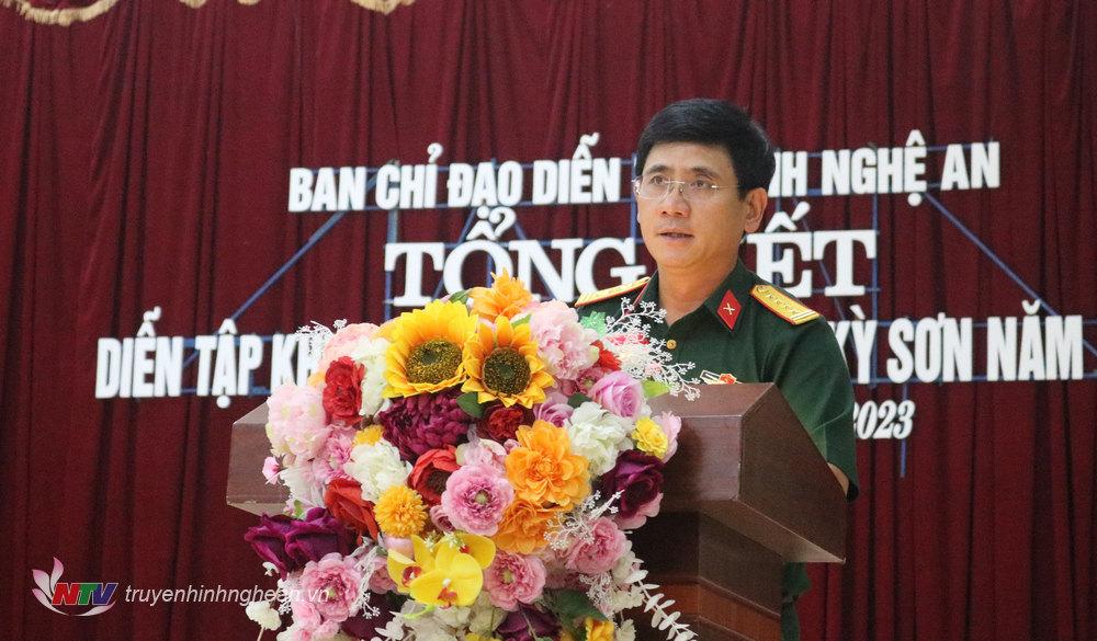 Đại tá Phan Đại Nghĩa - Uỷ viên Ban Thường vụ Tỉnh uỷ, Chỉ huy trưởng Bộ Chỉ huy Quân sự tỉnh, Phó trưởng Ban Thường trực Ban Chỉ đạo diễn tập tỉnh phát biểu tại lễ tổng kết.