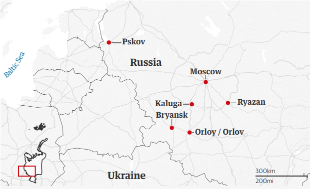 Vị trí các cuộc tấn công nhằm vào Nga ngày 30/8. Bản đồ: The Guardian