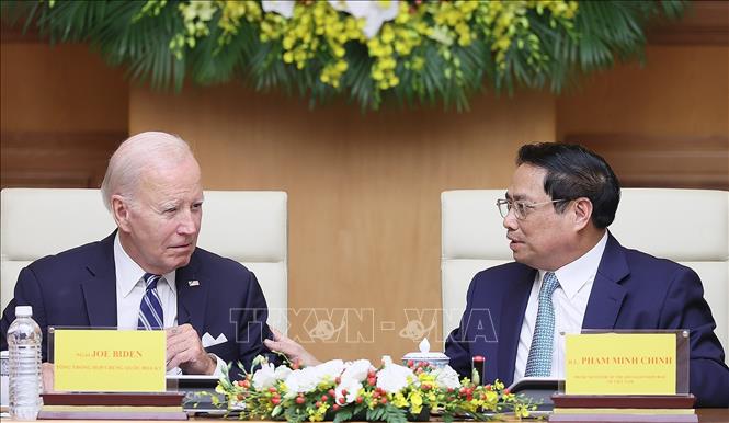 Thủ tướng Phạm Minh Chính và Tổng thống Joe Biden tại Hội nghị cấp cao Việt Nam - Hoa Kỳ về Đổi mới sáng tạo và Đầu tư.