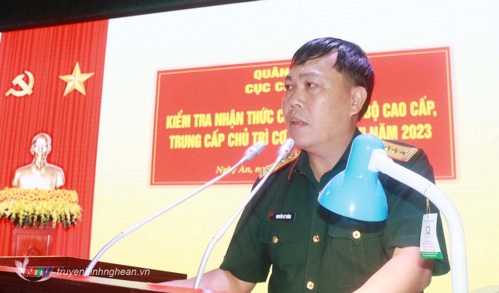 Đại tá Nguyễn Kỳ Hồng, Phó Bí thư Đảng ủy Quân sự, Chính ủy Bộ chỉ huy Quân sự tỉnh phát biểu tại buổi kiểm tra