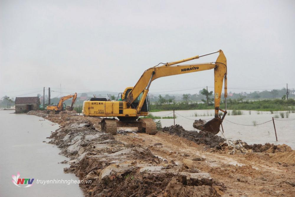 Lực lượng chức năng huyện Hưng Nguyên tập trung gia cố đê. 