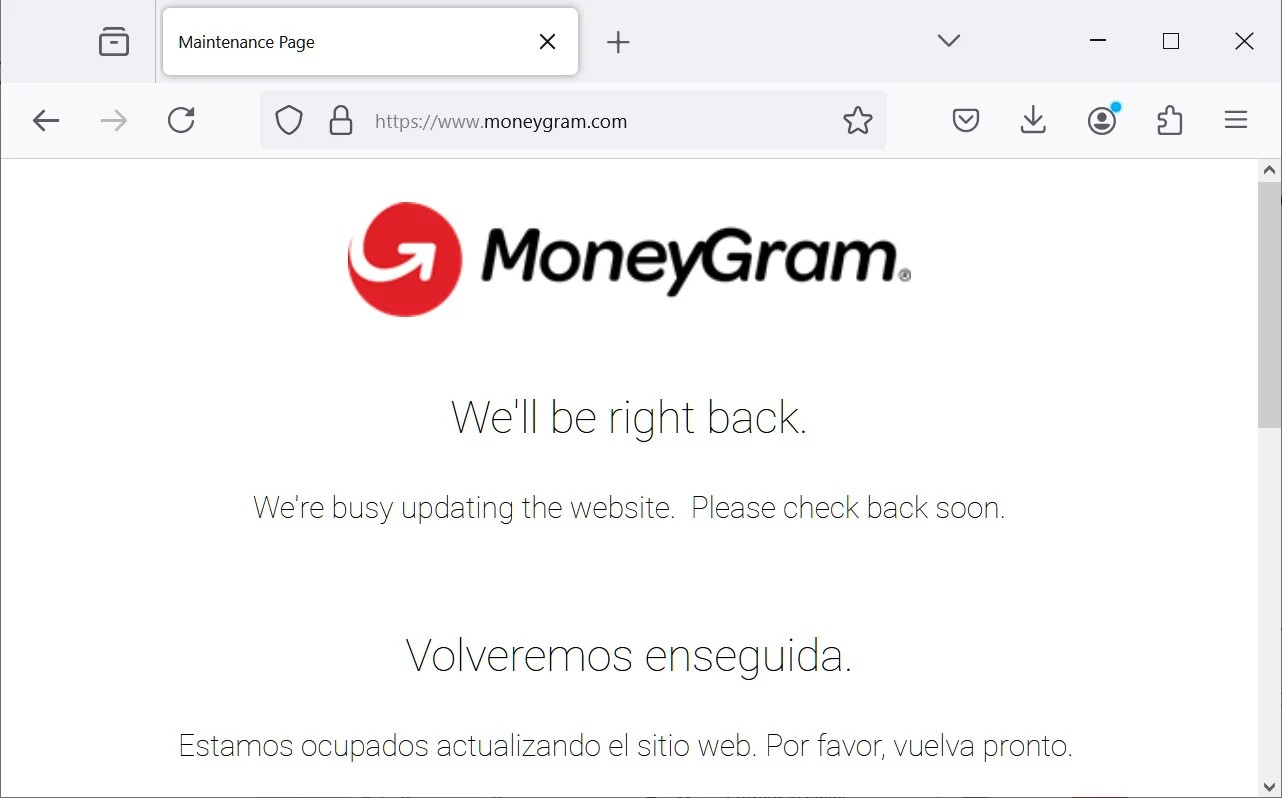 Website MoneyGram không thể truy cập được do sự cố tấn công mạng. Ảnh: Bleeping Computer