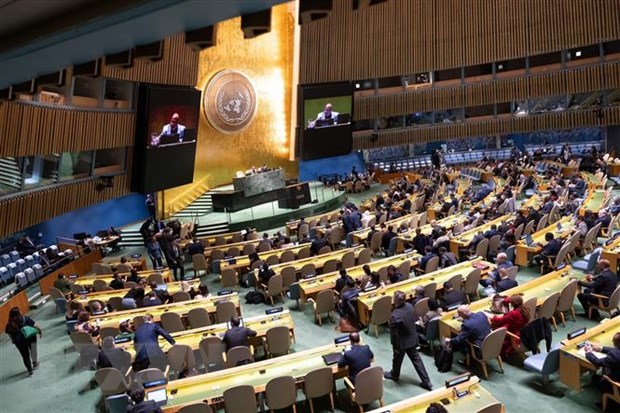 Phiên họp đặc biệt khẩn cấp lần thứ 10 của Đại hội đồng Liên hợp quốc thảo luận về cuộc xung đột Hamas-Israel ngày 26/10/2023. (Ảnh: THX/TTXVN)