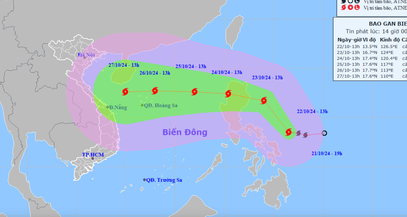 Vị trí và hướng di chuyển bão Trami - Ảnh: NCHMF