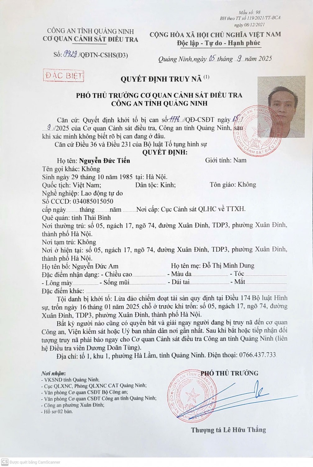 Quyết định truy nã đối với Nguyễn Đức Tiến. Ảnh: Cơ quan Công an.