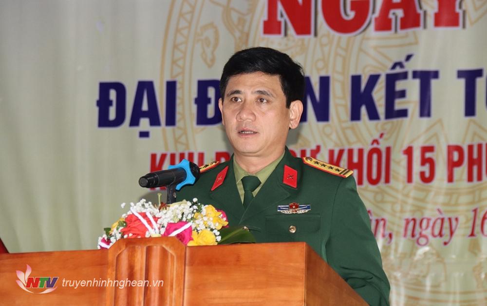 Đại tá Phan Đại Nghĩa, Ủy viên BTV Tỉnh ủy, Chỉ huy trưởng Bộ CHQS tỉnh phát biểu tại buổi lễ.