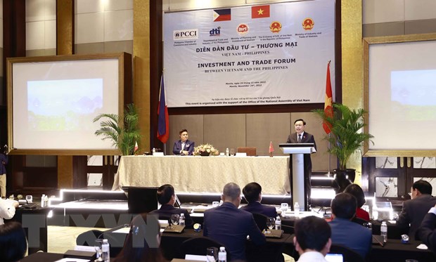 Chủ tịch Quốc hội Vương Đình Huệ phát biểu tại Diễn đàn đầu tư-thương mại Việt Nam-Philippines.