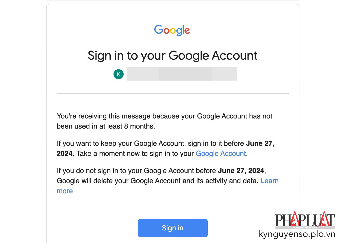 Google gửi email nhắc nhở trước khi xóa tài khoản.